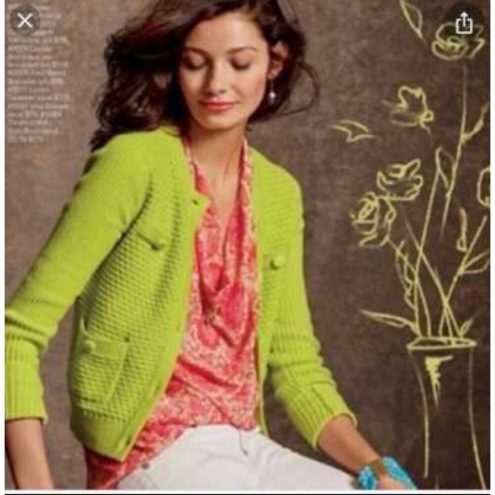 Cabi Loren #5011 Knitted Lime Green Retro Long Sleeve Sweater w Front Pockets M